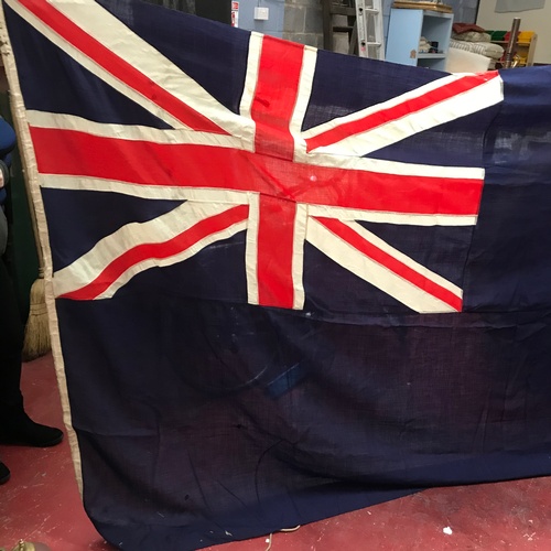 280C - Antique hand stitched British Naval large blue ensign ships flag. [190x357cm]