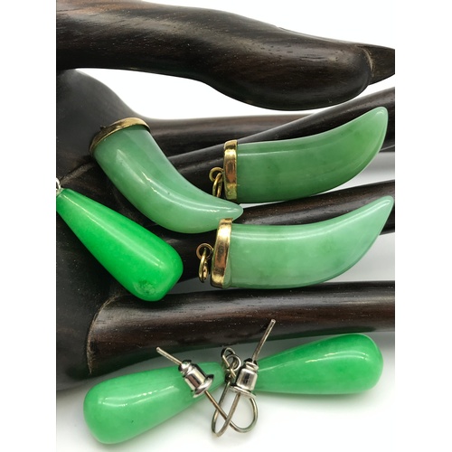 34J - A Lot of three Gilt metal and jade horn shaped pendants together with a 10ct gold plated and jade pe... 