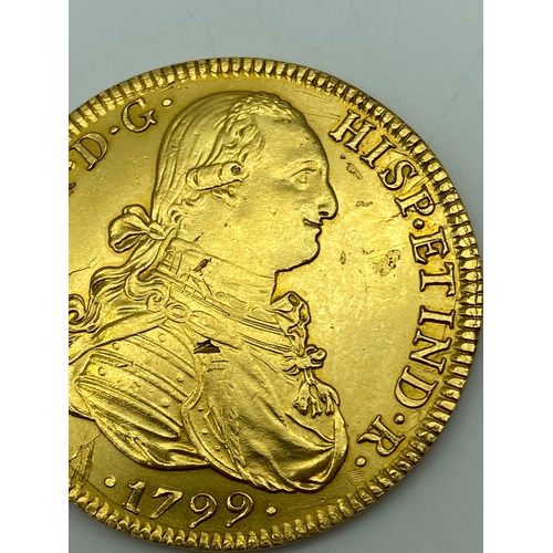 3 - 1799 Carol IIII 8 Escudos Gold coin. [Mint mark M] Diameter of coin 3.7cm. [Weighs 26.73 grams]