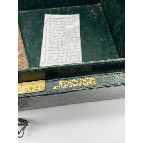 23 - Antique green leather dispatch carry box. Comes with key, book and note detailing whom the case belo... 