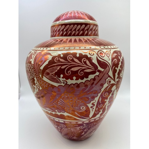 100 - William De Morgan [1839-1917]
19th century Ruby lustre fish design vase with lid. Impressed marking ... 