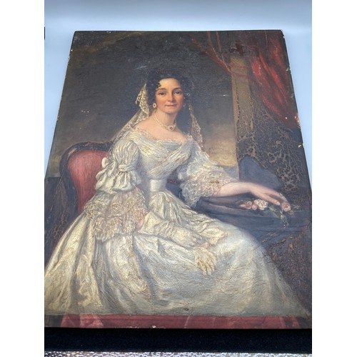 18A - An 18th century Georgian oil painting on a wooden panel of a lady seated, wearing a lace style dress... 