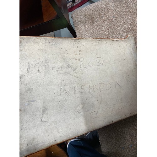 57A - Antique heavy salt glazed stone ware stick stand. Signed to the back Mrs Jas, Ross- Rishton- 22/3/38... 