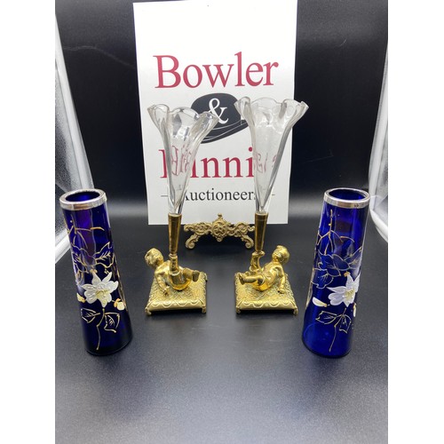 17A - A Pair of Victorian brass and glass epergne vases, Together with a pair of cobalt blue and silver ri... 