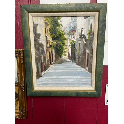 28A - Original oil painting on canvas of foreign alley way. Signed J Smith and dated 95 in pencil to the b... 