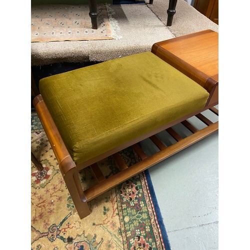 67A - A Mid century teak telephone table with green material cushion seat area. Single pull out drawer and... 