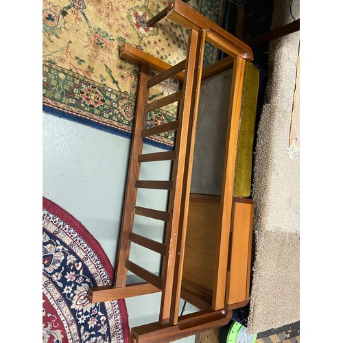 67A - A Mid century teak telephone table with green material cushion seat area. Single pull out drawer and... 