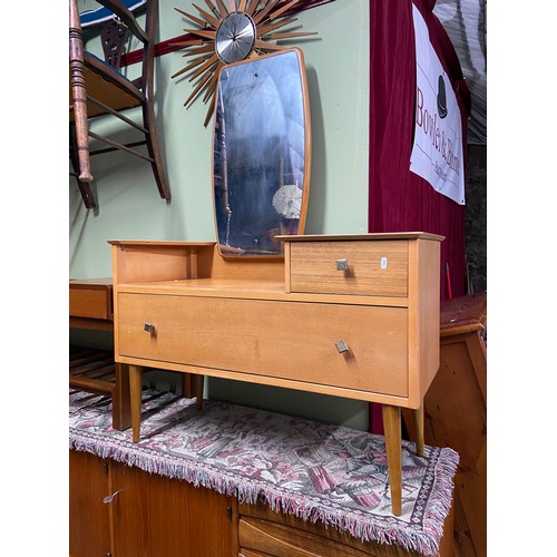 77A - A Mid century pedestal dressing table. Designed with large mirror, Two surfaces for utensils and two... 