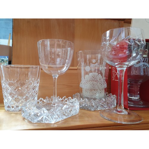 104 - A shelf of fine glass ware, to include two Masonic Glasses.