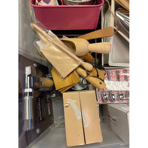 145 - Two boxes of good quality kitchenalia items which includes moulds, wooden scoops, Normann Copenhagen... 