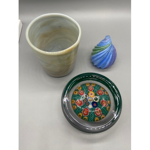 82 - Three pieces of unique art glass. Includes Scottish pin dish, art glass cup and William twist paperw... 