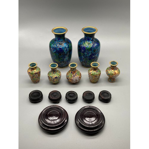 143 - A Selection of various miniature cloisonné vases, Together with a pair of blue ground cloisonné vase... 