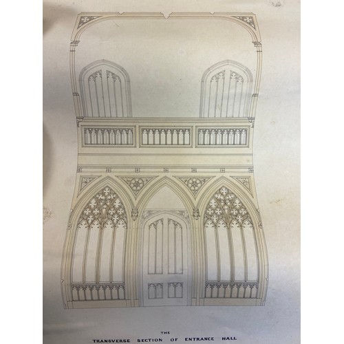 610 - Four original hand drawn and coloured stain glass window panels and The transverse section of entran... 