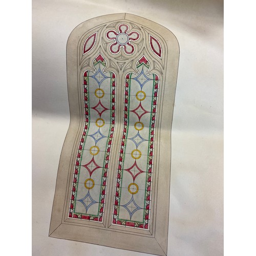 610 - Four original hand drawn and coloured stain glass window panels and The transverse section of entran... 