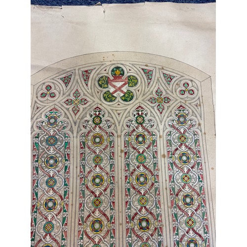 610 - Four original hand drawn and coloured stain glass window panels and The transverse section of entran... 