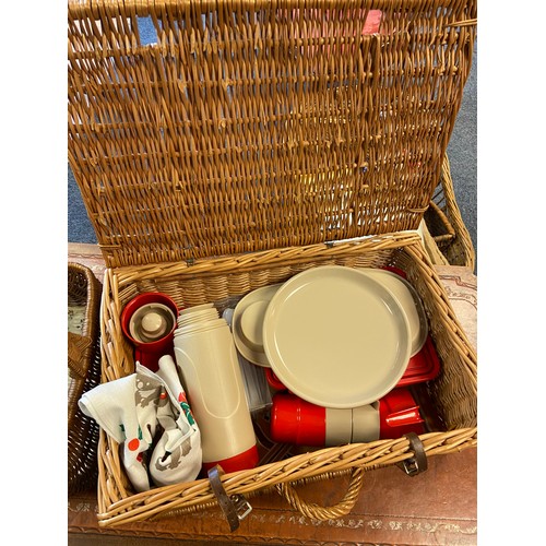 538 - A Vintage wicker picnic basket and contents together with a flower basket.