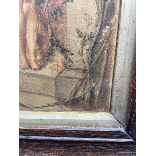 180A - An Antique watercolour painting of a nude figure standing in a door way. Fitted in a gilt and dark w... 