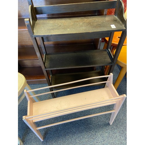 530 - A Hardwood bookcase, a vintage three tier dark wood bookcase, vintage show rack and Bentwood painted... 