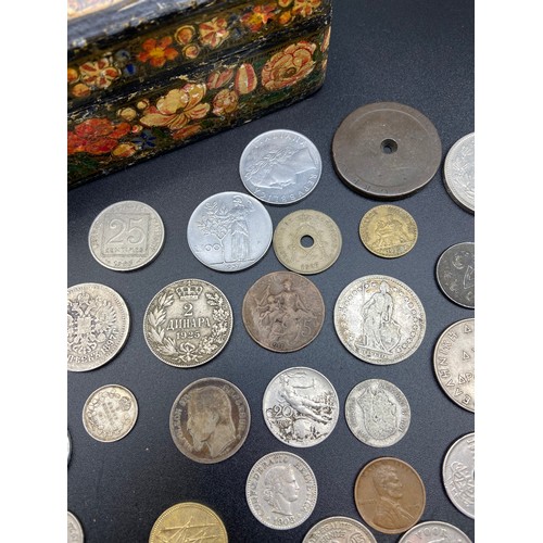 210A - Antique paper mache box containing a large collection of silver and copper pre 1950's World coins. I... 