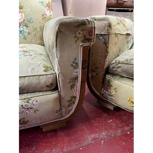 87W - A Three Piece Art Deco wooden framed and trim suite. Designed with original floral design material.