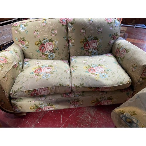 87W - A Three Piece Art Deco wooden framed and trim suite. Designed with original floral design material.