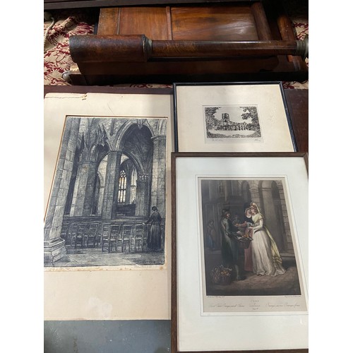 432B - Four various artworks to include Etching of an Abbey, Cathedral etching and two Plates titled Cries ... 