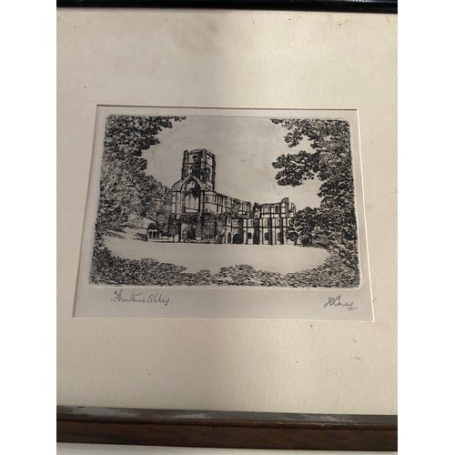 432B - Four various artworks to include Etching of an Abbey, Cathedral etching and two Plates titled Cries ... 