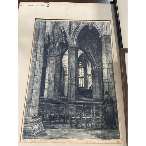 432B - Four various artworks to include Etching of an Abbey, Cathedral etching and two Plates titled Cries ... 