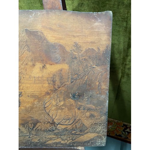 366B - Antique Highly detailed carved wooden panel depicting death of a stag. [37X55CM]