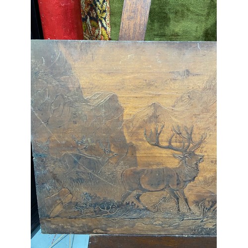 366B - Antique Highly detailed carved wooden panel depicting death of a stag. [37X55CM]