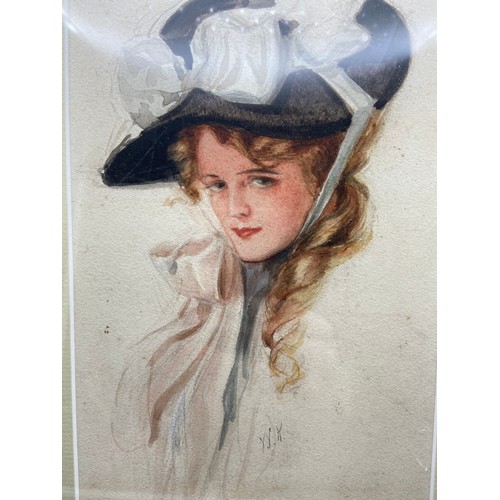 122J - An Art Nouveau original watercolour lady portrait. Signed W.K. Fitted within a gilt frame. [Art work... 