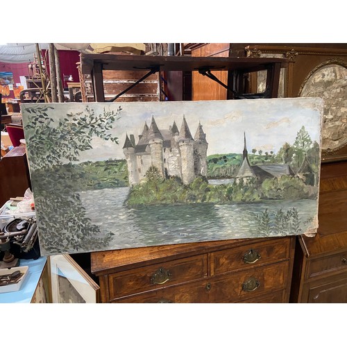 270D - An Antique oil painting on canvas depicting castle and loch scene. Signed [60X120CM