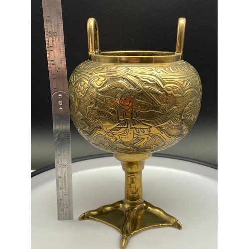 15A - An unusual example of a Chinese Bronze/ Brass pedestal censer burner pot. Designed with ornate engra... 