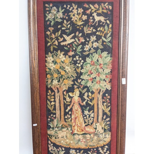 5 - A 19th century rectangular oak framed tapestry, telling the story of a lady of importance surrounded... 