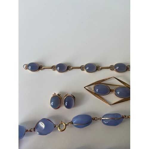 24J - A FIVE PIECE NECKLACE, RING, BROOCH, BRACELET AND EARRING SET. ALL BEAUTIFULLY SET WITH CHALCEDONY S... 