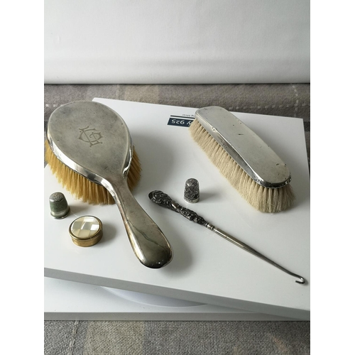 66A - Two Chester silver hand brushes, Chester silver button hook, Birmingham silver thimble, brass & moth... 