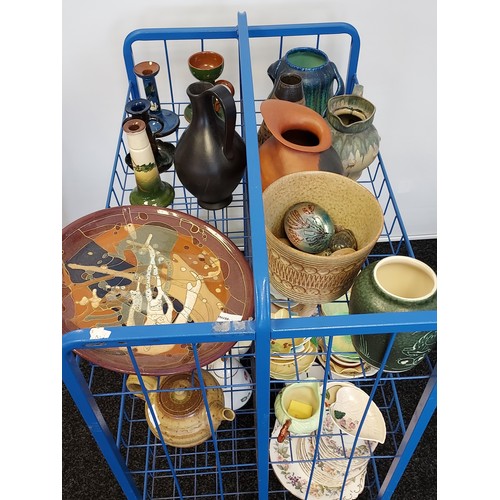 431 - A Trolley containing a collection of porcelain wares to include Bretby art deco vase, Austrian antel... 