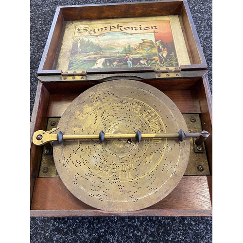 154 - An Antique Schutz- Marke German Symphonia music box. Comes with various music discs and handle. In a... 