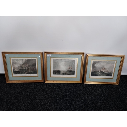 335 - A lot of three framed & mounted coloured engravings, 'The Battle of Trafalgar', 'Whalers' & 'The Pri... 