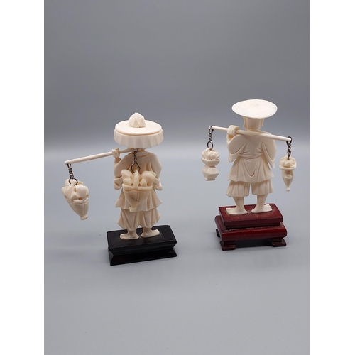 45J - Two bone carved Chinese figurines sat upon hardwood stands. [Tallest 10cm]