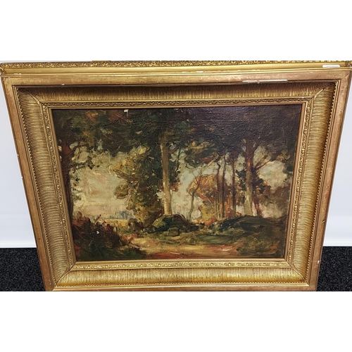 93 - A 19th century Oil painting on canvas depicting woodland scene. Fitted within an ornate gilt frame [... 