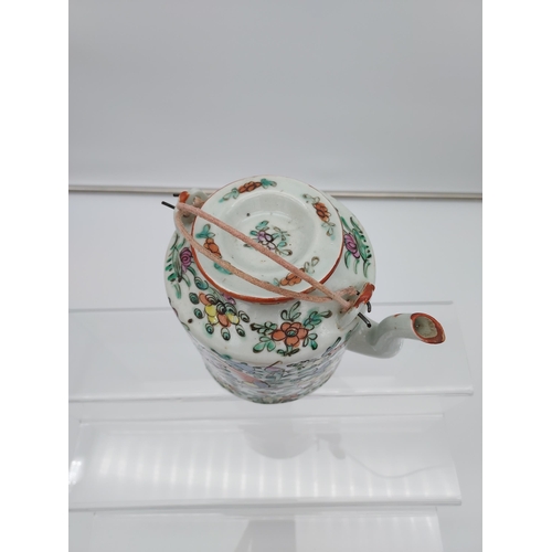 111 - An Antique Chinese Canton pale green glazed and hand painted tea pot/ saki pot. With wire handle. [1... 