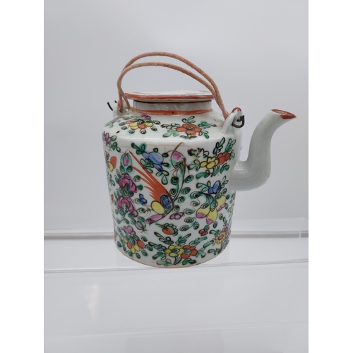 111 - An Antique Chinese Canton pale green glazed and hand painted tea pot/ saki pot. With wire handle. [1... 