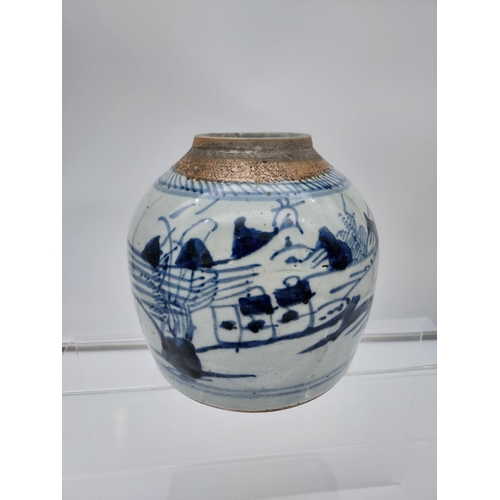 112 - A 19th century Chinese blue painted preserve pot, no lid. [16cm in height]