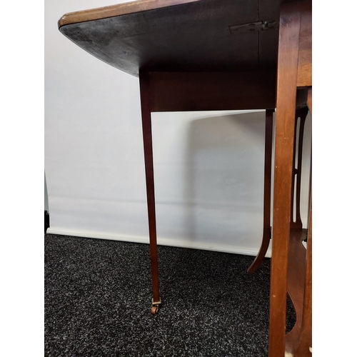 253 - An antique mahogany Sutherland drop leaf table, supported on twin pierced supports [64x60x77cm]