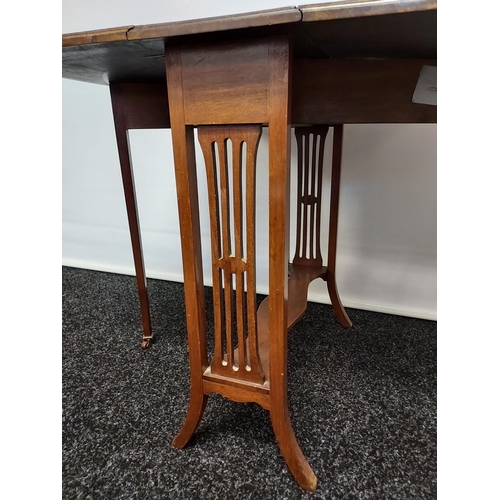 253 - An antique mahogany Sutherland drop leaf table, supported on twin pierced supports [64x60x77cm]