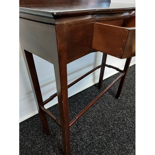 59 - A dark wood console table, with bow front single drawer, raised on square legs, united with stretche... 