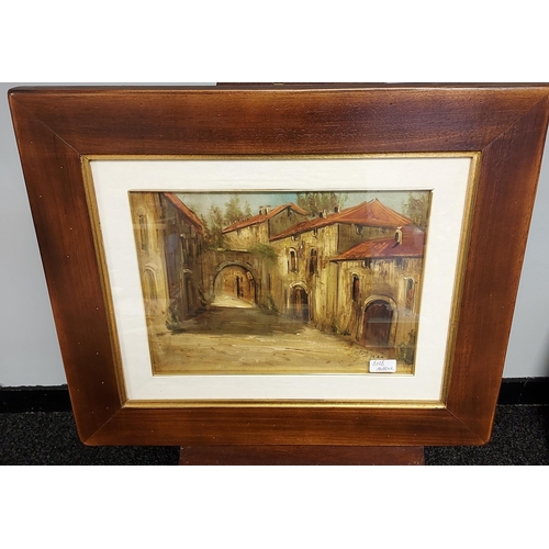 141 - An original oil painting on canvas depicting town buildings, signed by the artist.