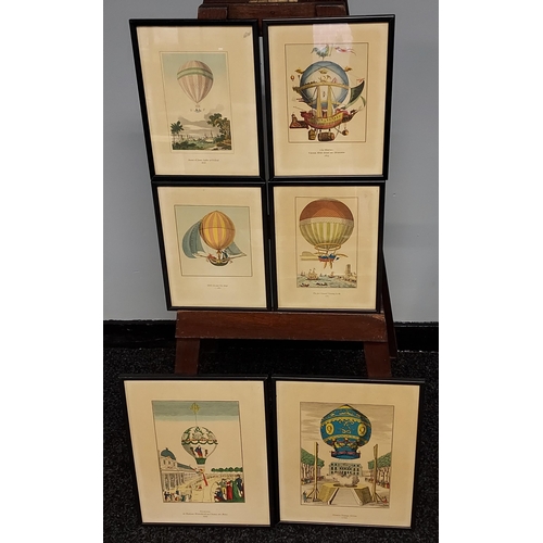 197 - A Collection of six coloured engravings depicting hot air balloons throughout the ages.