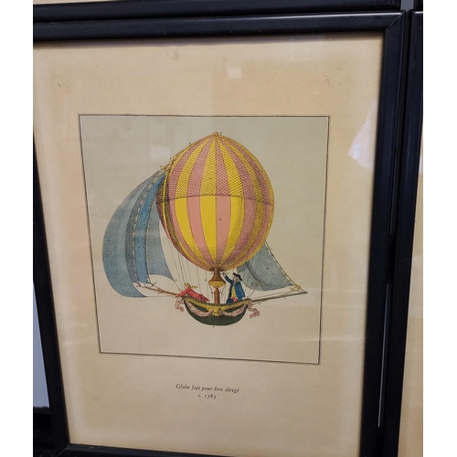 197 - A Collection of six coloured engravings depicting hot air balloons throughout the ages.